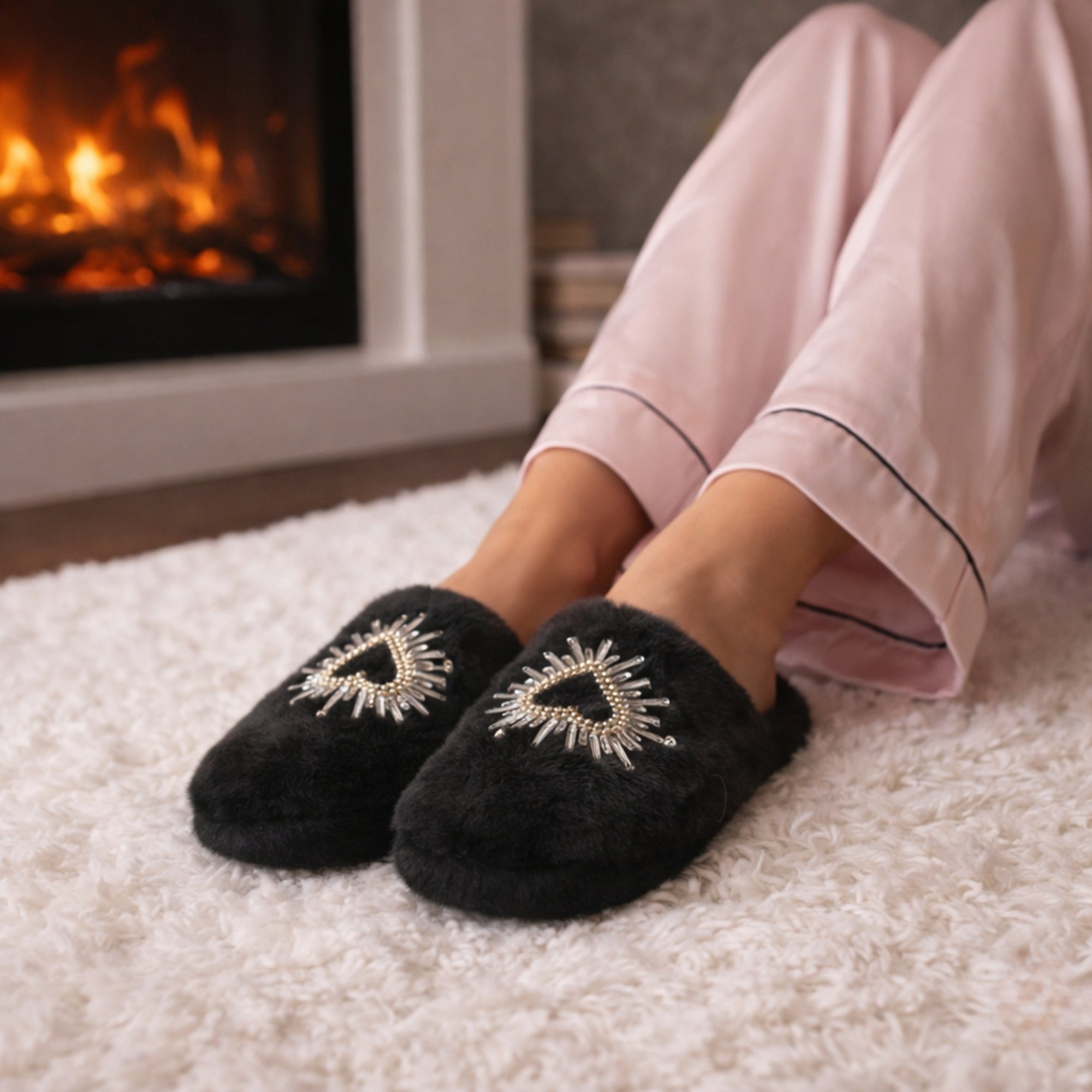 Morgan Black Luxury Faux Fur Comfortable Diamanté Embellished Women’s Handmade Slippers