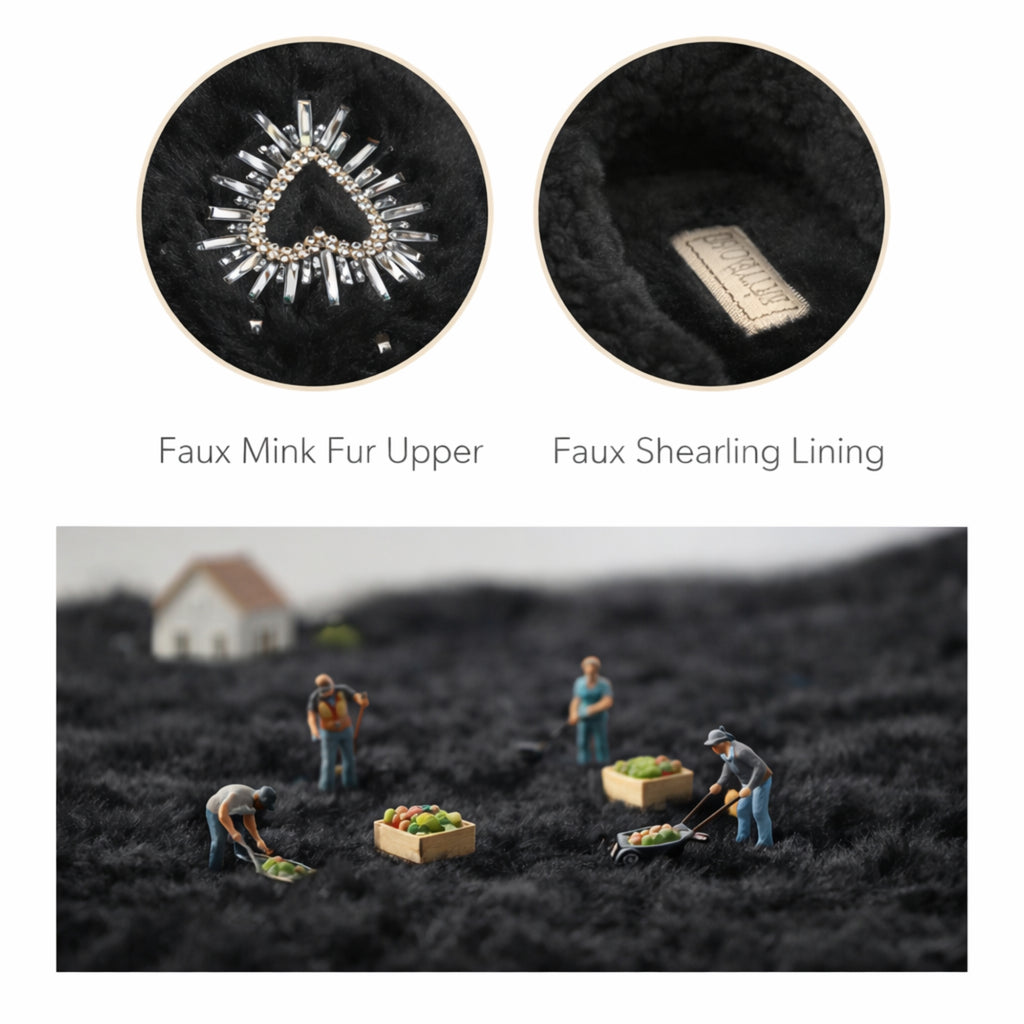 Noelle Black Luxury Faux Fur Comfortable Heart Diamanté Embellished Women’s Handmade Slippers