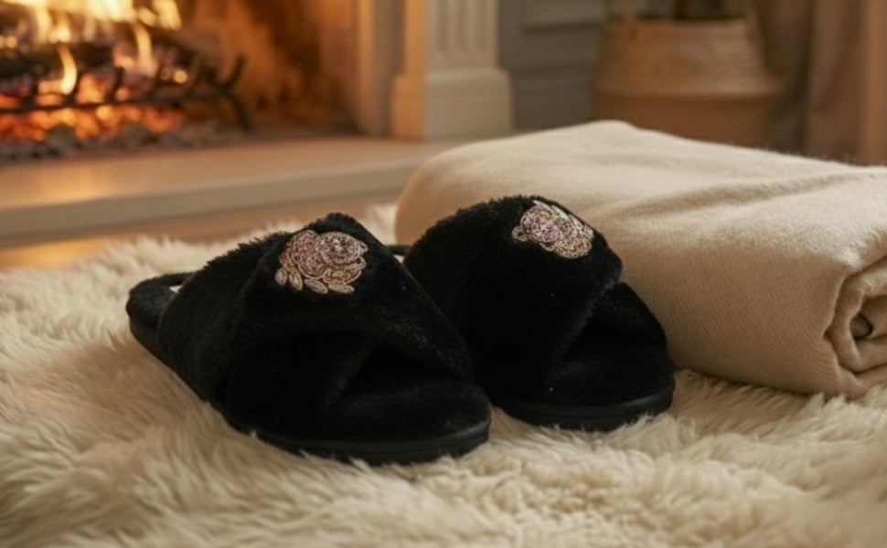 Ember Black Luxury Plush Diamanté Embellished Handmade Slipper