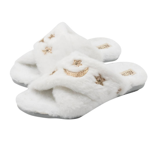 Isabel Cream Luxury Plush Diamanté Embellished Handmade Slipper