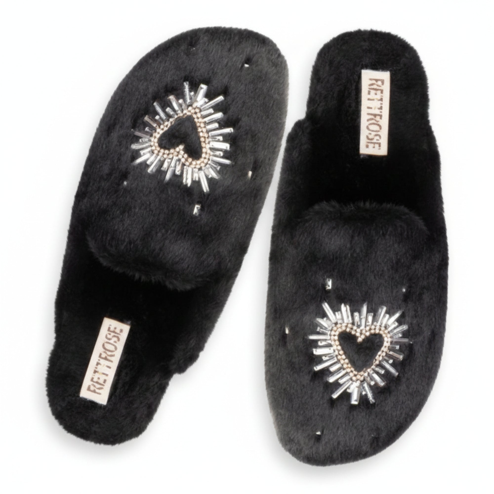 Noelle Black Luxury Faux Fur Comfortable Heart Diamanté Embellished Women’s Handmade Slippers
