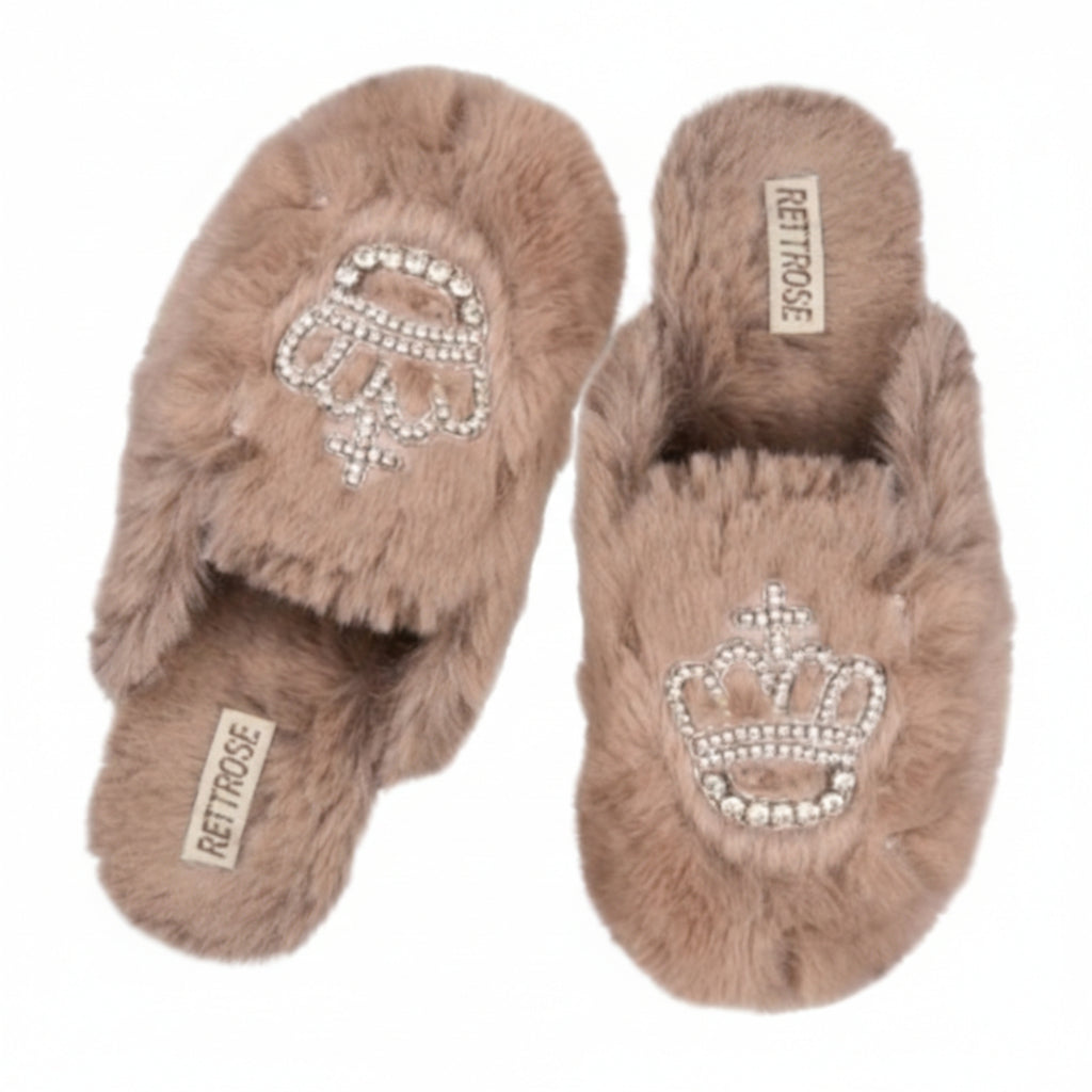 Finley Beige Luxury Faux Fur Comfortable Diamanté Embellished Women’s Slippers for women