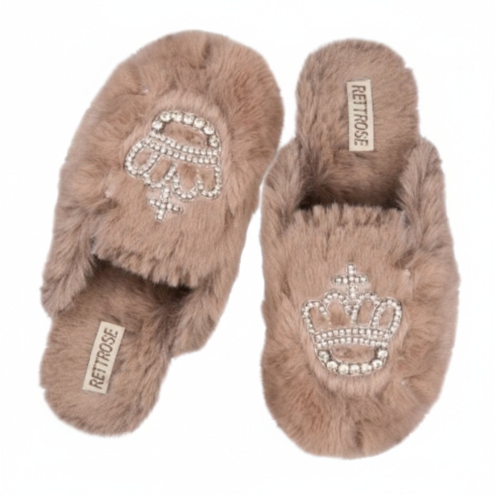 Finley Beige Luxury Faux Fur Comfortable Diamanté Embellished Women’s Slippers for women