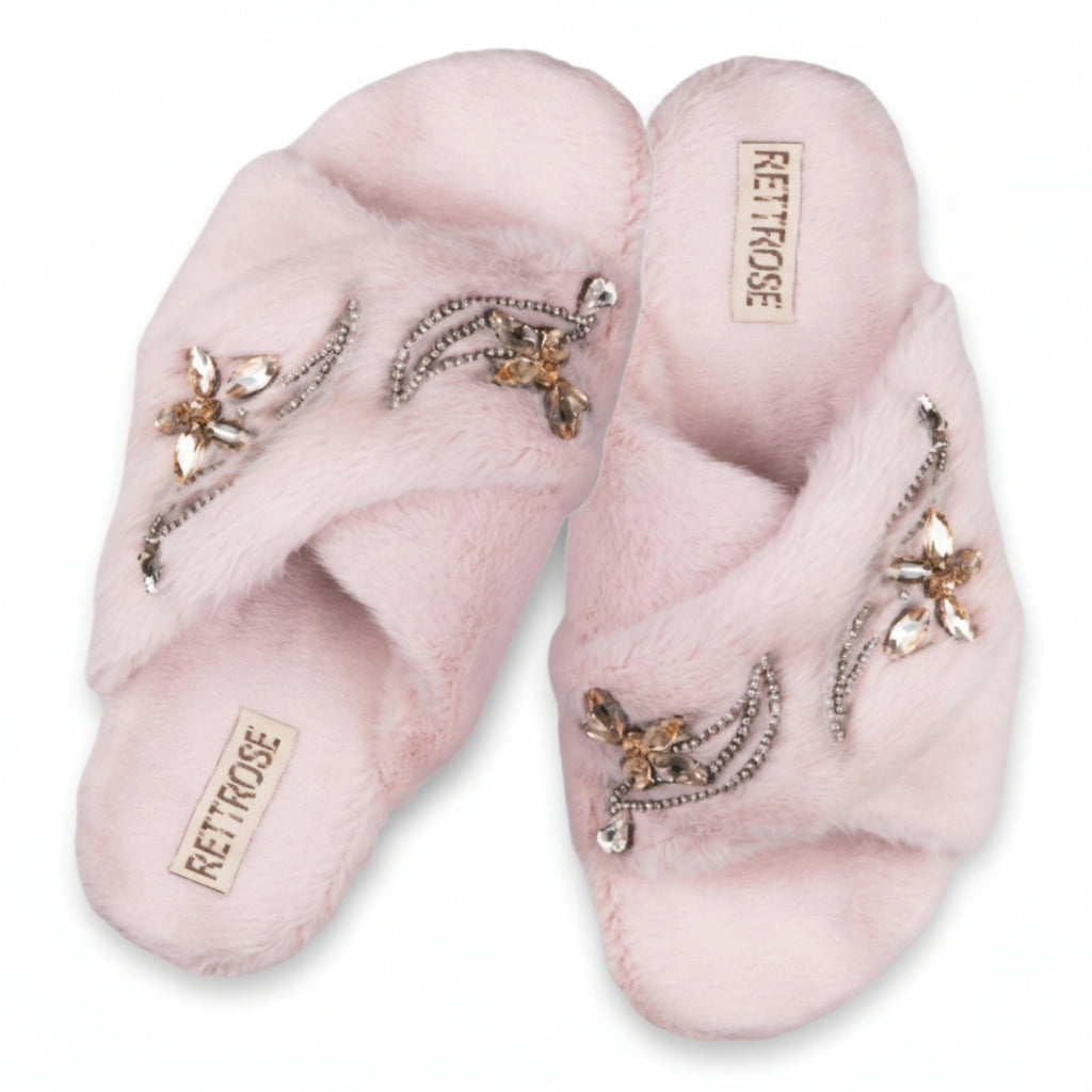 Zoey Dusky Pink Luxury Plush Diamanté Embellished Handmade Slipper