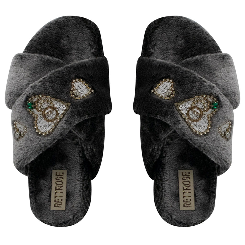 Emmy Charcoal Luxury Plush Diamanté Embellished Handmade Slipper