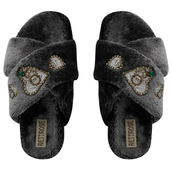 Emmy Charcoal Luxury Plush Diamanté Embellished Handmade Slipper