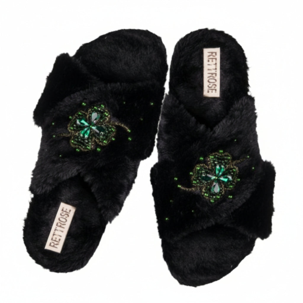 Emma Black Luxury Plush Diamanté Embellished Handmade Slipper