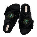 Emma Black Luxury Plush Diamanté Embellished Handmade Slipper