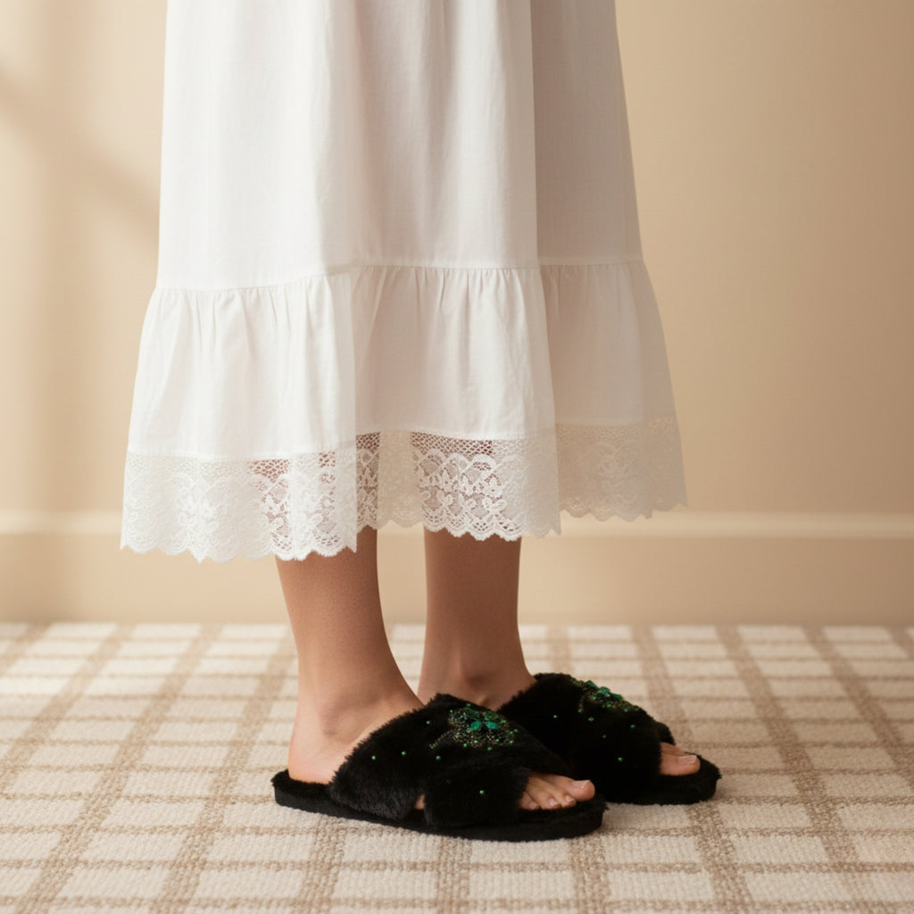 Emma Black Luxury Plush Diamanté Embellished Handmade Slipper