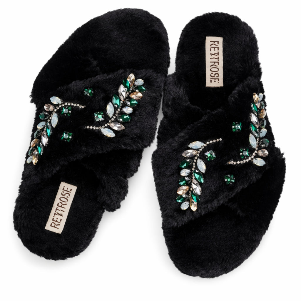 Thea Black Luxury Plush Diamanté Embellished Handmade Slipper