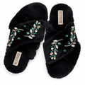 Thea Black Luxury Plush Diamanté Embellished Handmade Slipper