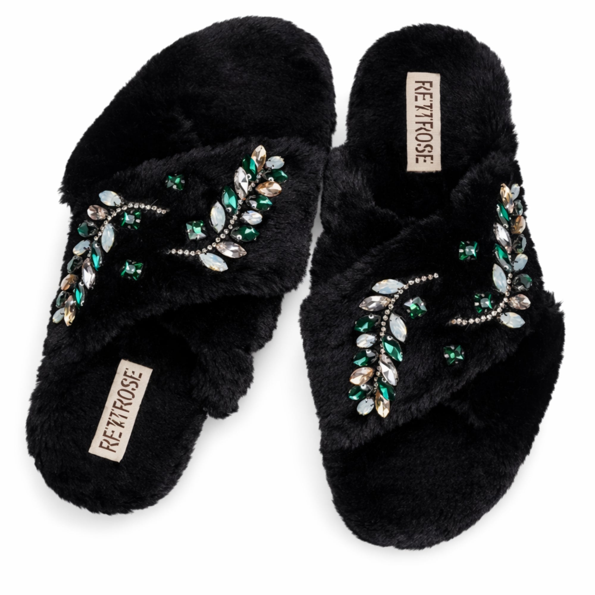 Thea Black Luxury Plush Diamanté Embellished Handmade Slipper