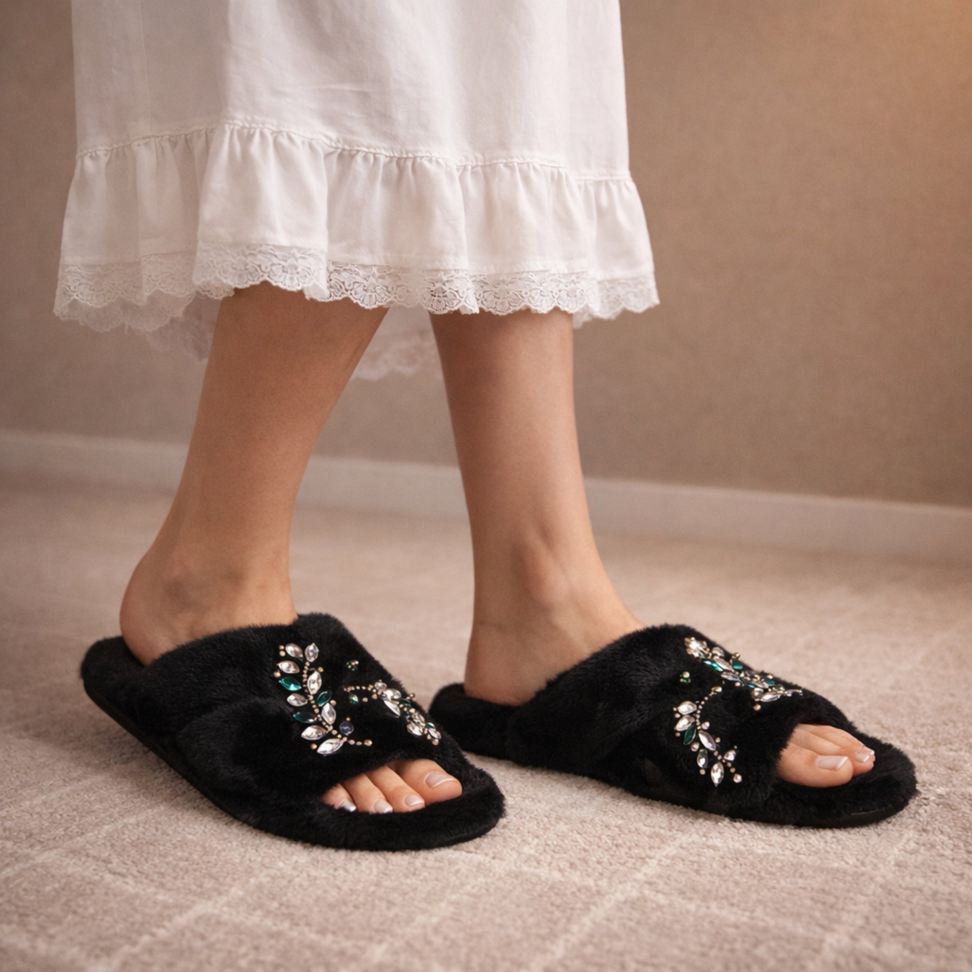 Thea Black Luxury Plush Diamanté Embellished Handmade Slipper
