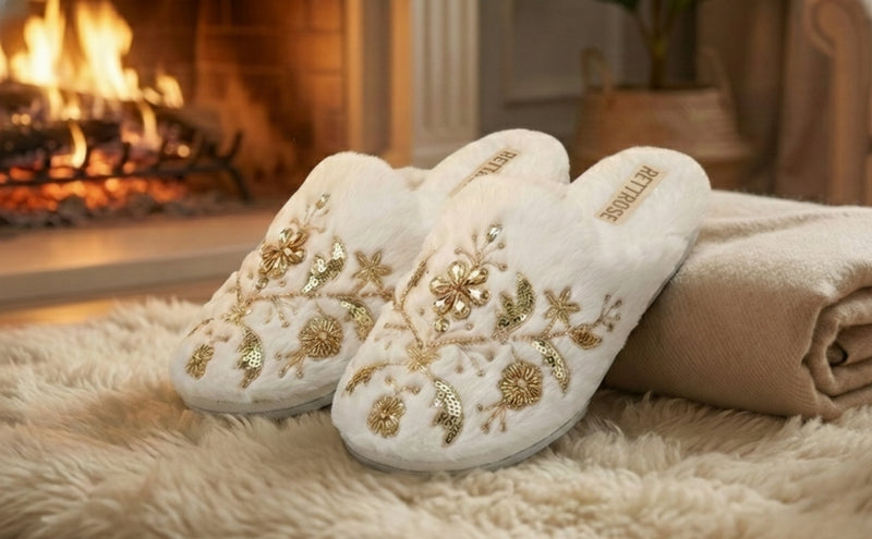 The Annie Cream Luxury Handmade Women’s Slippers – Faux Fur Front-Covered, Comfortable, White & Cream Diamanté Embellished