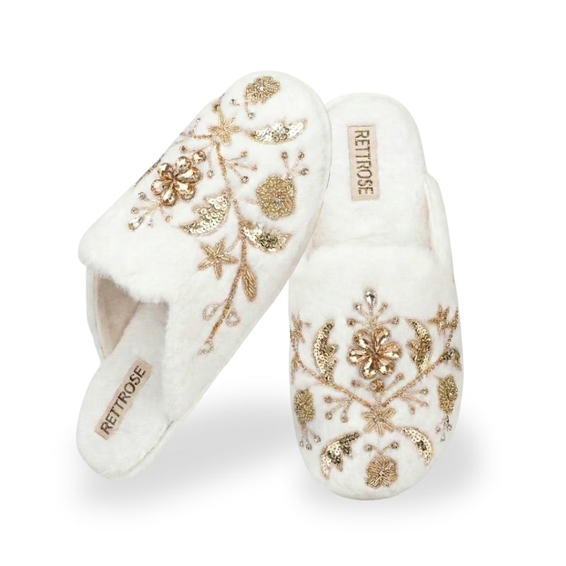 The Annie Cream Luxury Handmade Women’s Slippers – Faux Fur Front-Covered, Comfortable, White & Cream Diamanté Embellished