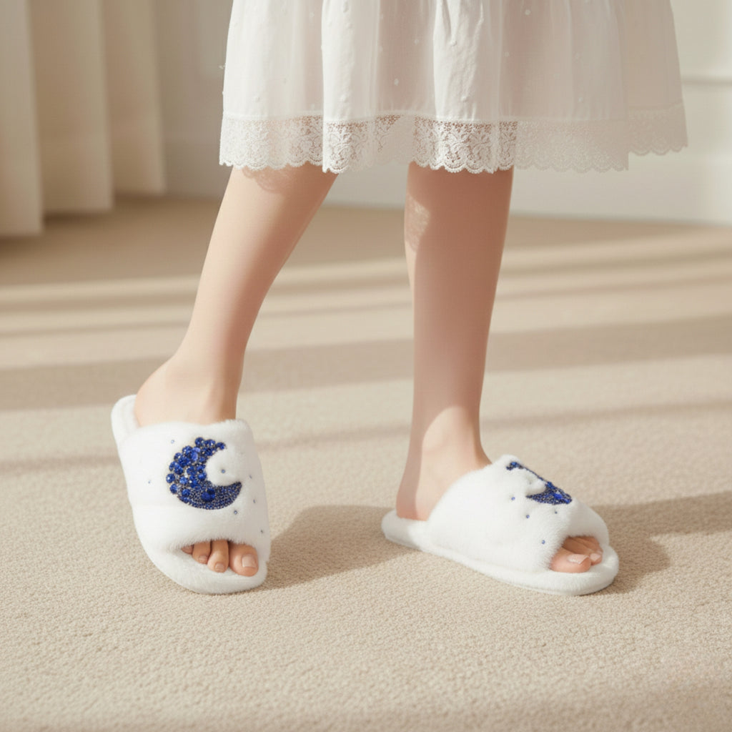 Alma White Luxury Plush Diamanté Embellished Handmade Slipper