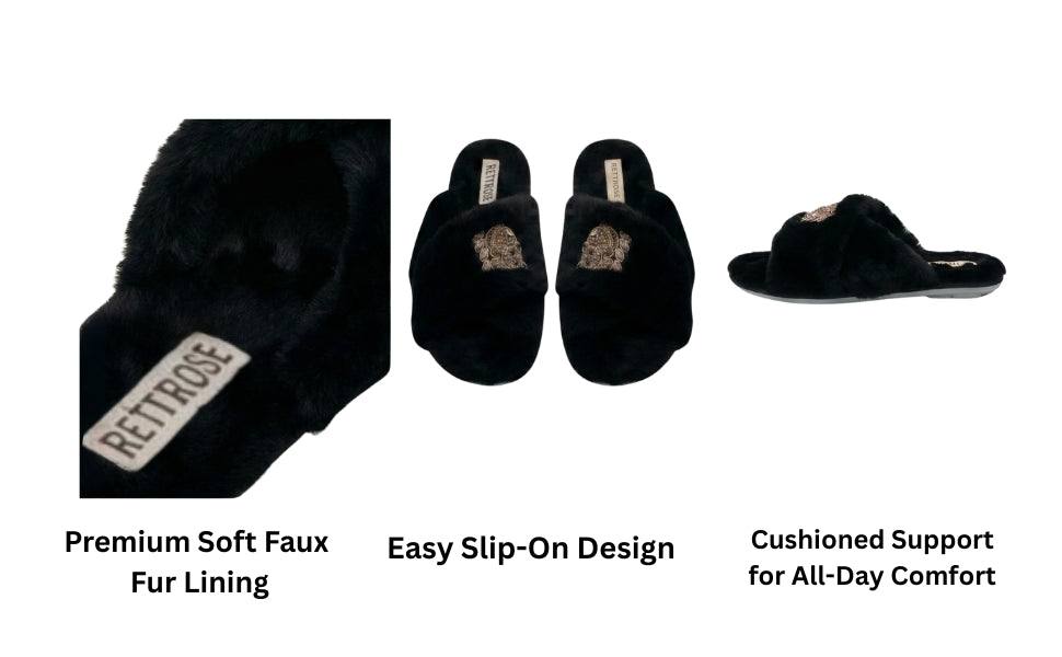 Ember Black Luxury Plush Diamanté Embellished Handmade Slipper
