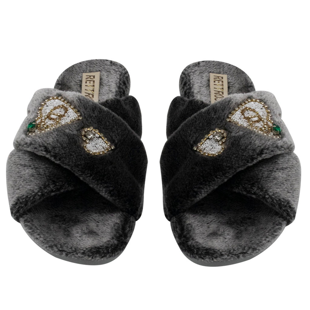 Emmy Charcoal Luxury Plush Diamanté Embellished Handmade Slipper