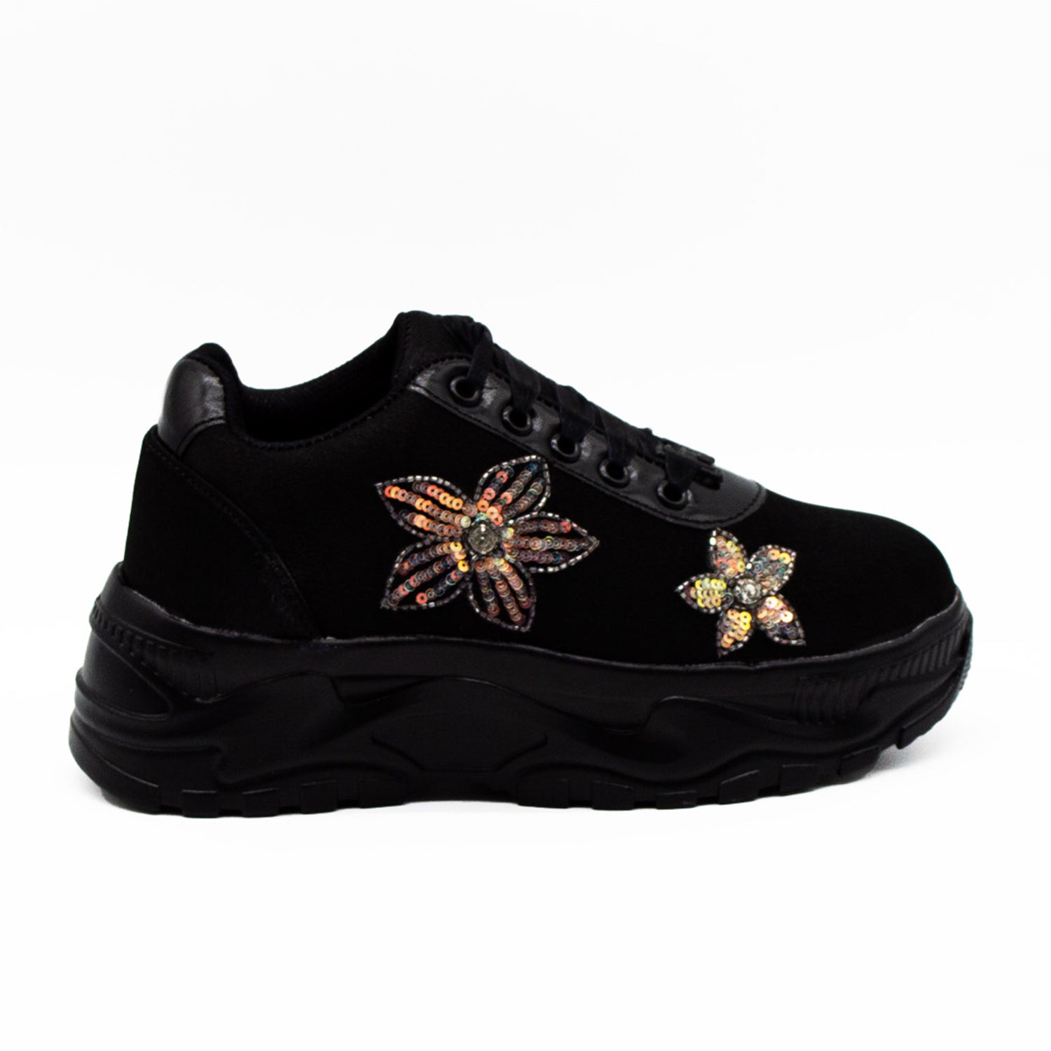 Melody Luxury Noir Satin Handmade Embellished Trainers