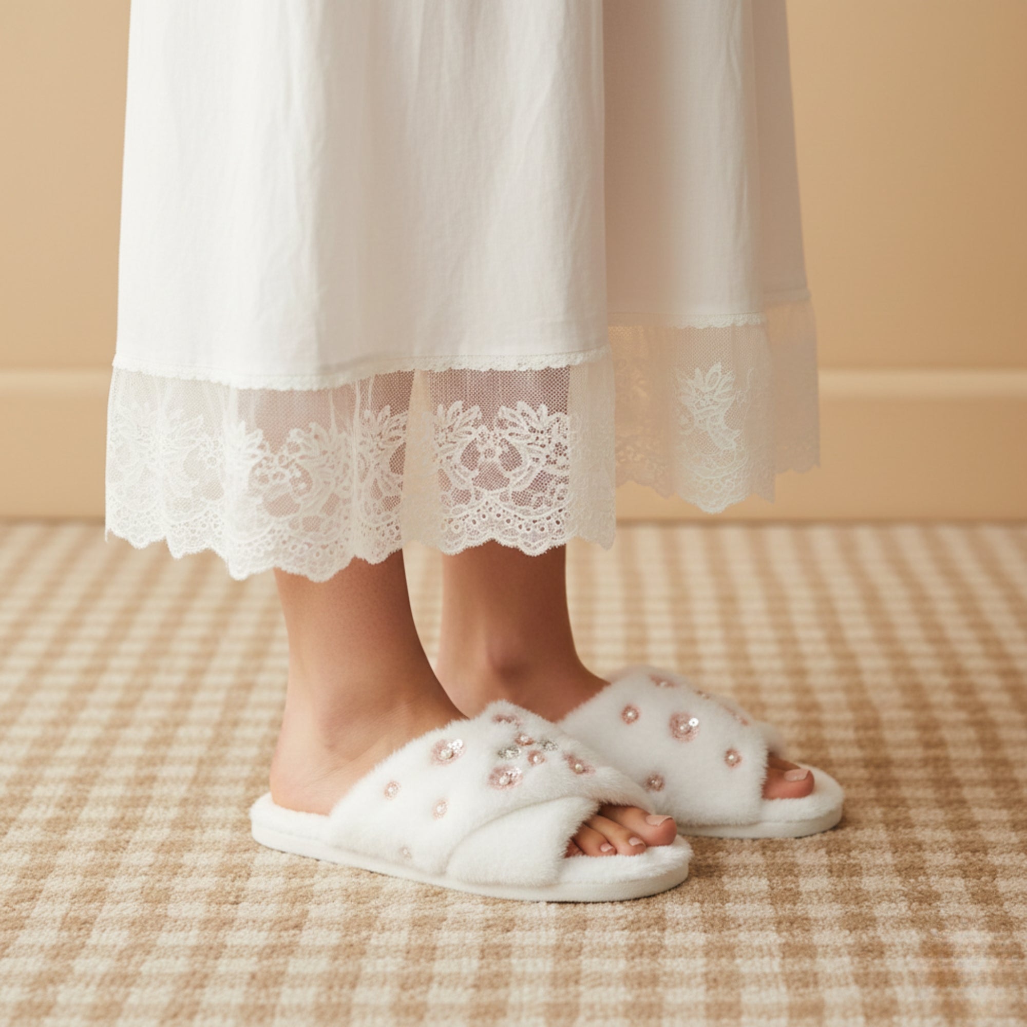 Kinsley White Luxury Plush Diamanté Embellished Handmade Slipper