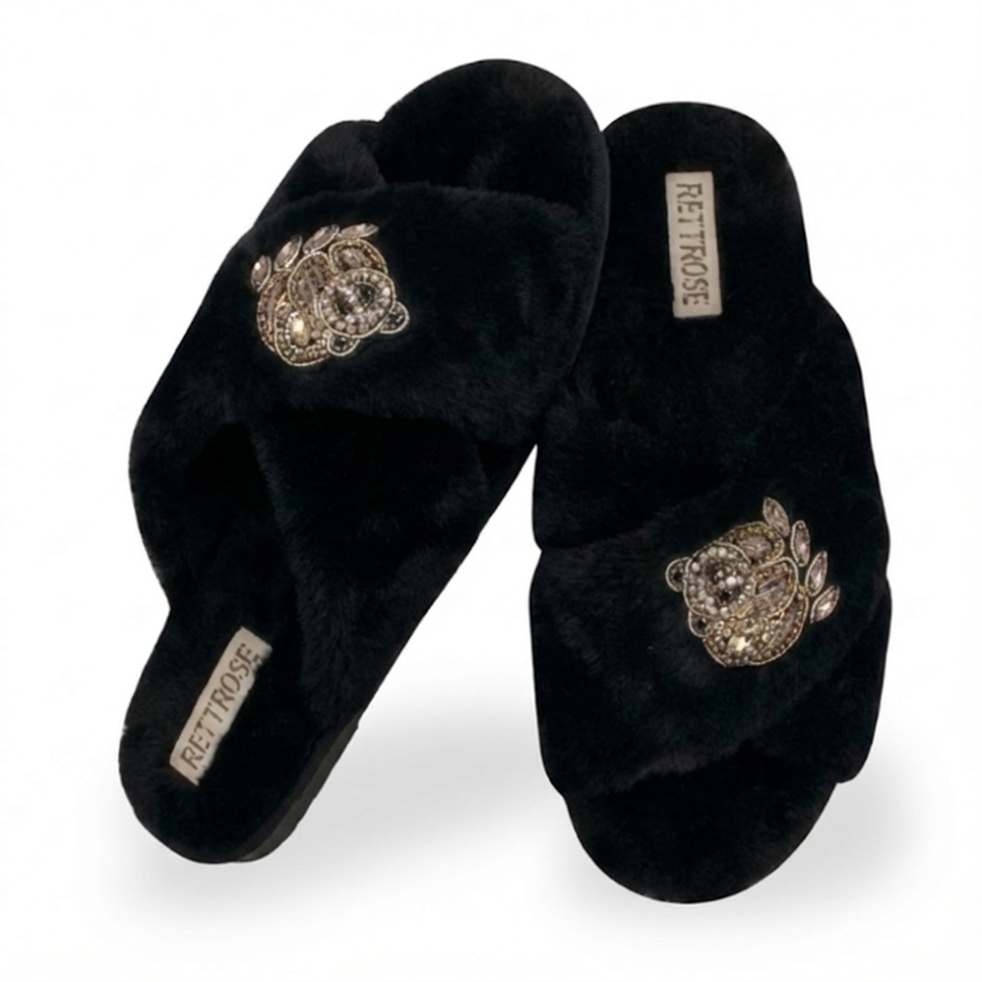 Ember Black Luxury Plush Diamanté Embellished Handmade Slipper