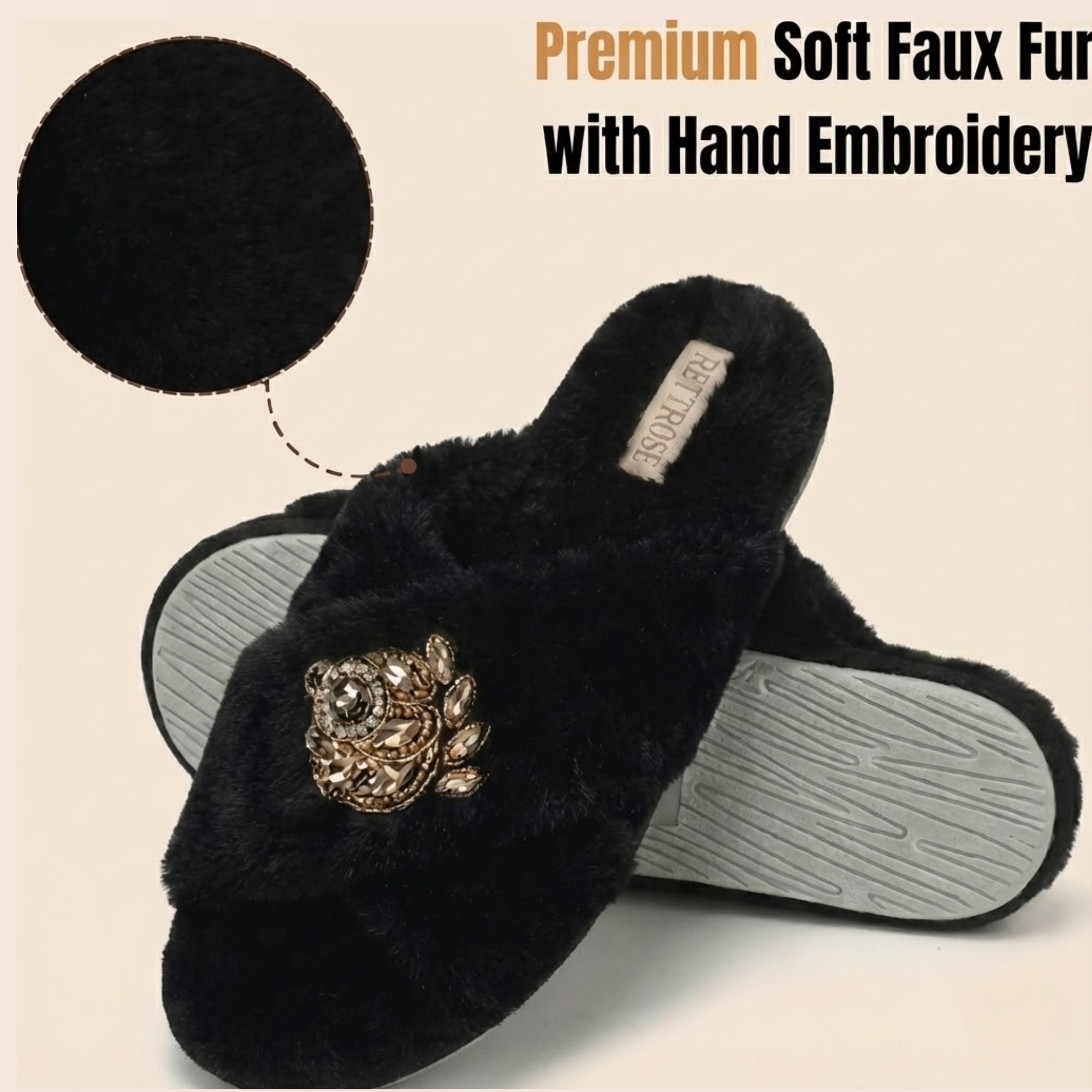 Ember Black Luxury Plush Diamanté Embellished Handmade Slipper