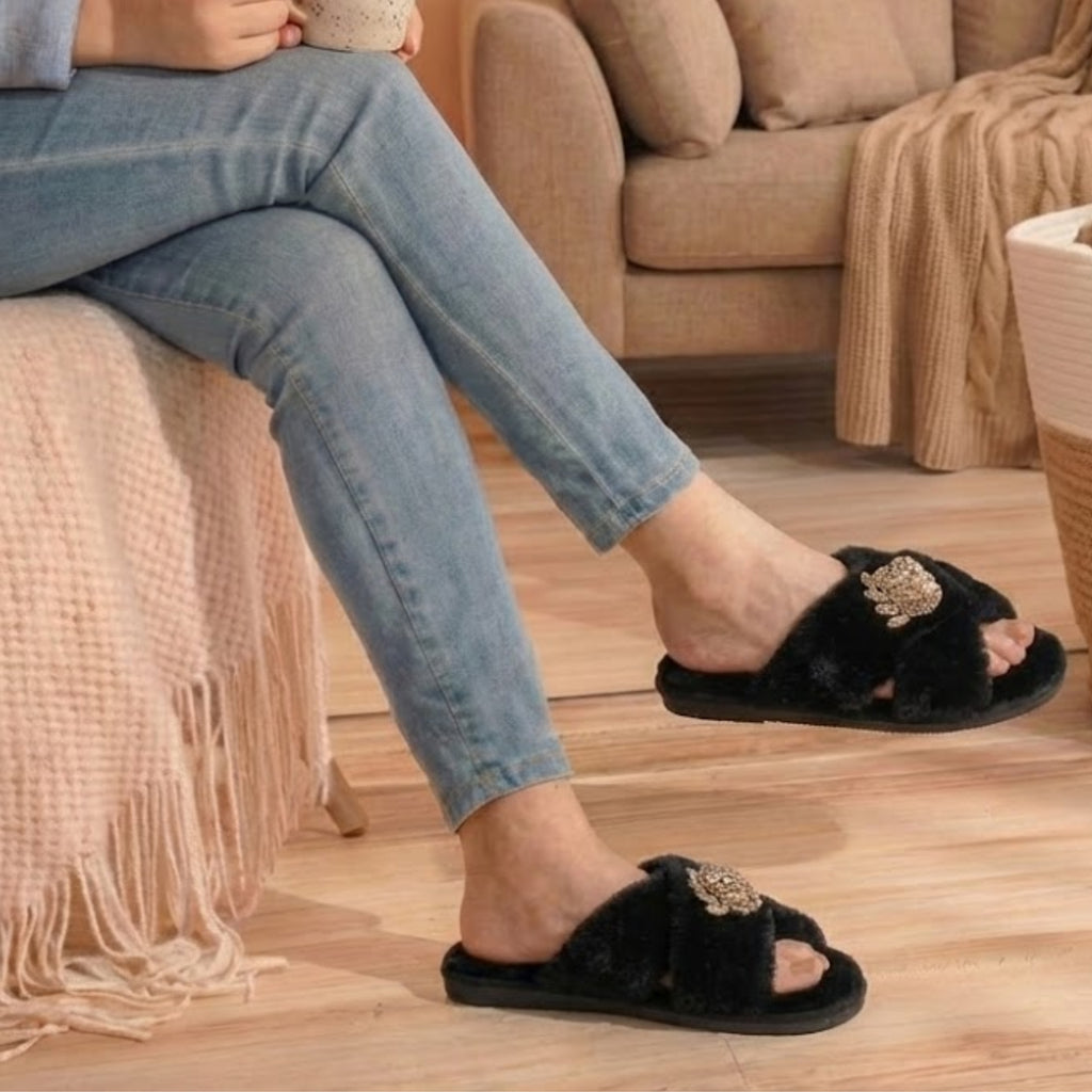 Ember Black Luxury Plush Diamanté Embellished Handmade Slipper