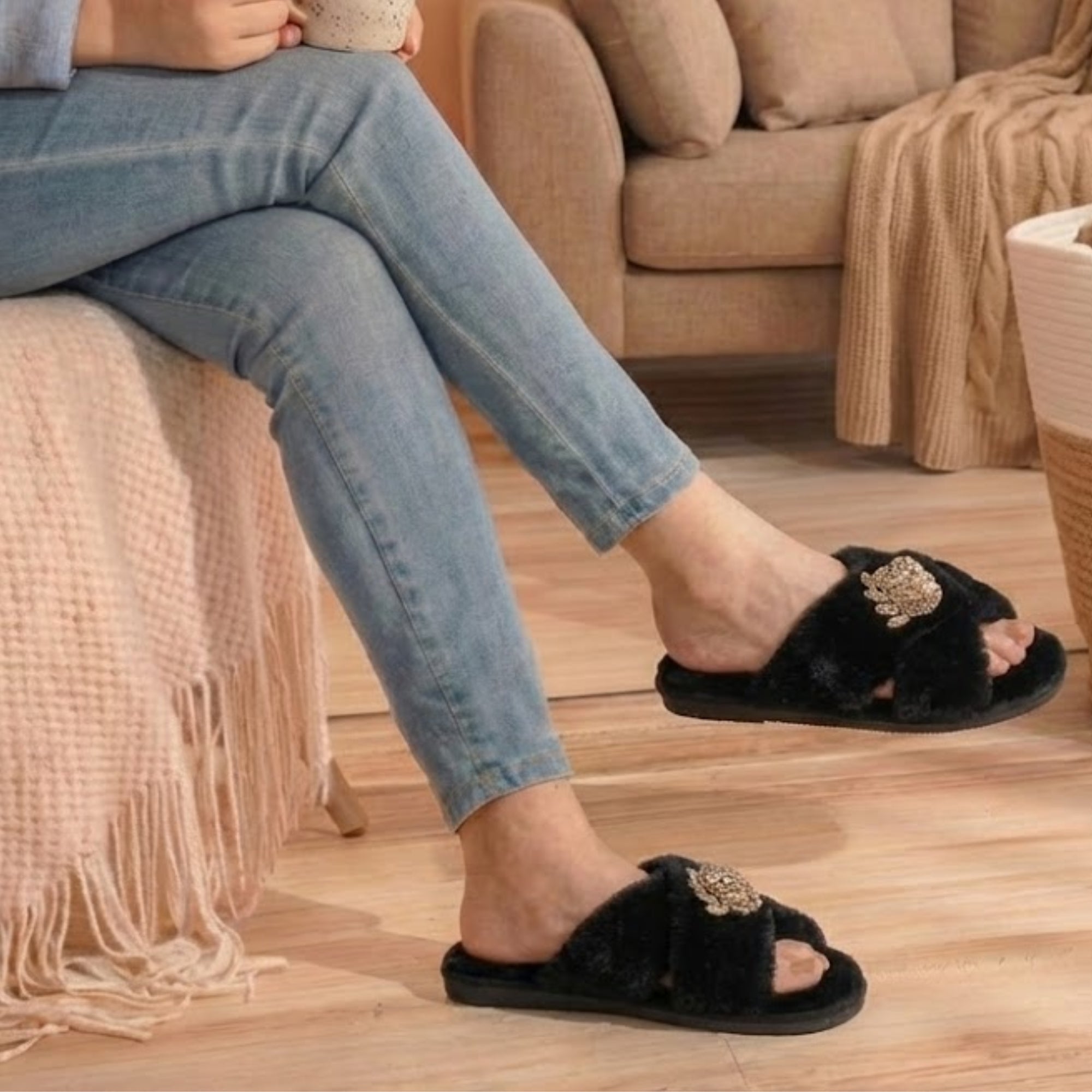 Ember Black Luxury Plush Diamanté Embellished Handmade Slipper