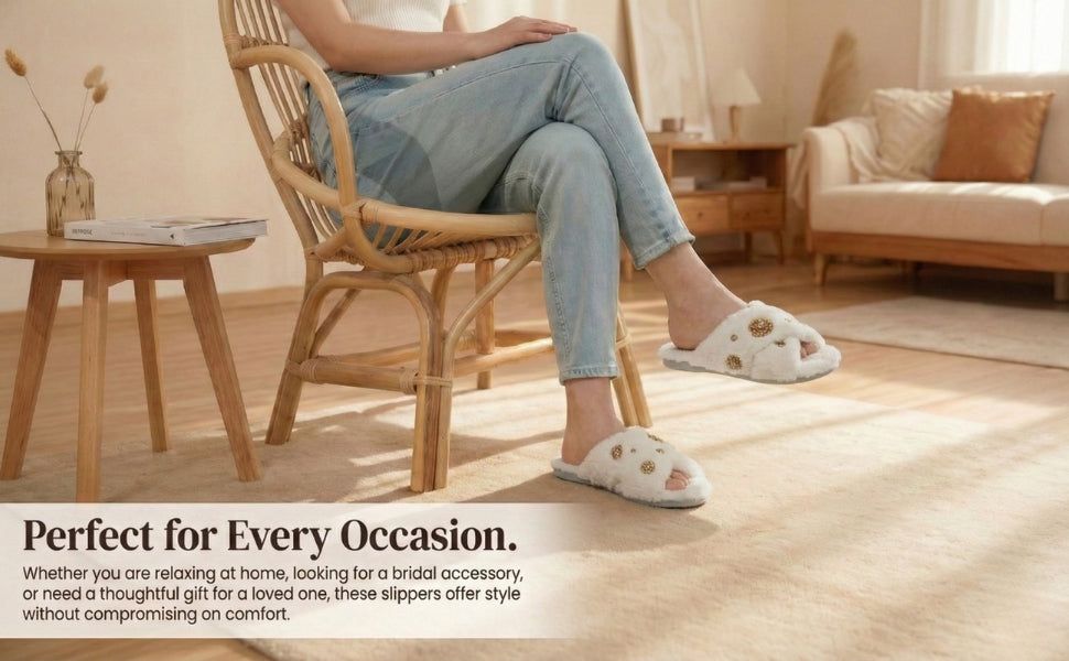 Juliette Women’s Luxury White Slippers – Handmade Faux Fur Plush Indoor Slippers with Diamanté Bow Embellishment | Elegant Lounge Footwear