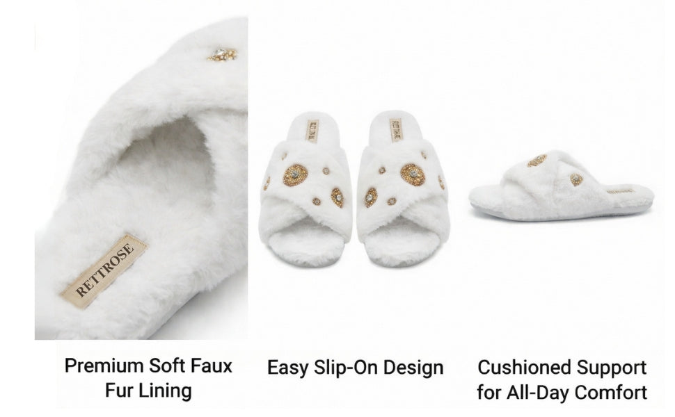 Juliette Women’s Luxury White Slippers – Handmade Faux Fur Plush Indoor Slippers with Diamanté Bow Embellishment | Elegant Lounge Footwear