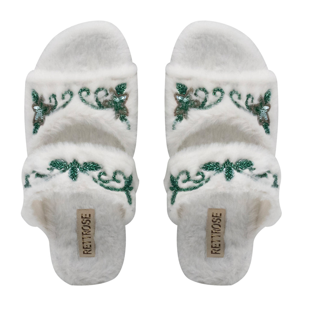 Elkie Cream Luxury Plush Diamanté Embellished Handmade Slipper