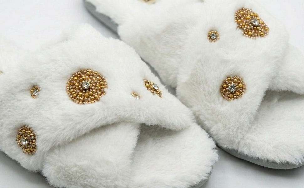 Juliette Women’s Luxury White Slippers – Handmade Faux Fur Plush Indoor Slippers with Diamanté Bow Embellishment | Elegant Lounge Footwear
