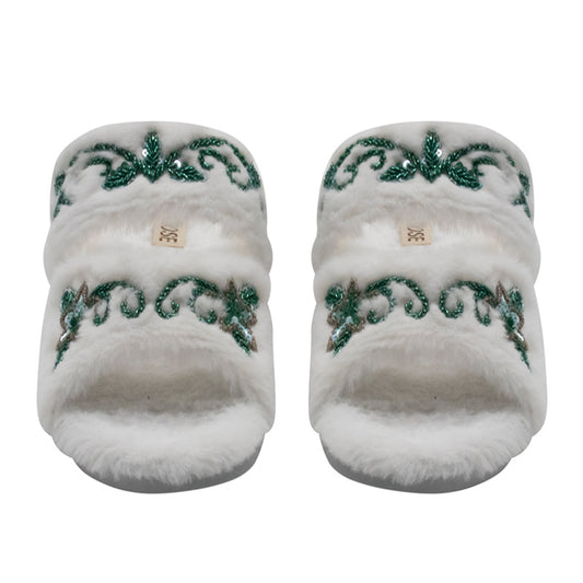 Elkie Cream Luxury Plush Diamanté Embellished Handmade Slipper