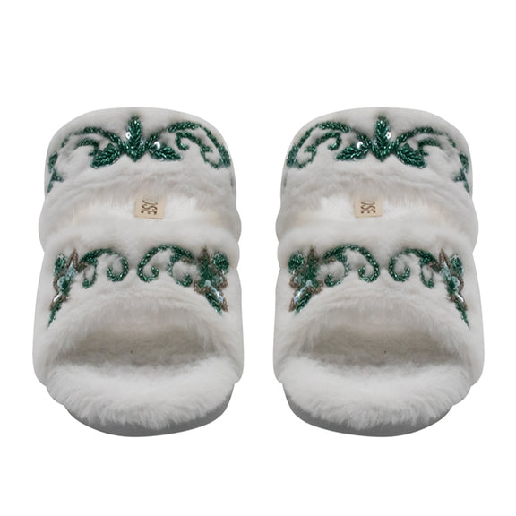 Elkie Cream Luxury Plush Diamanté Embellished Handmade Slipper