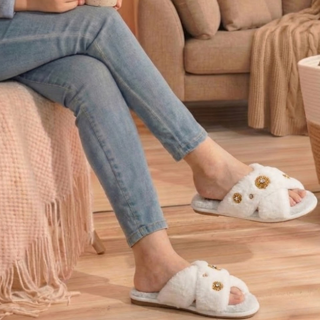 Juliette Women’s Luxury White Slippers – Handmade Faux Fur Plush Indoor Slippers with Diamanté Bow Embellishment | Elegant Lounge Footwear