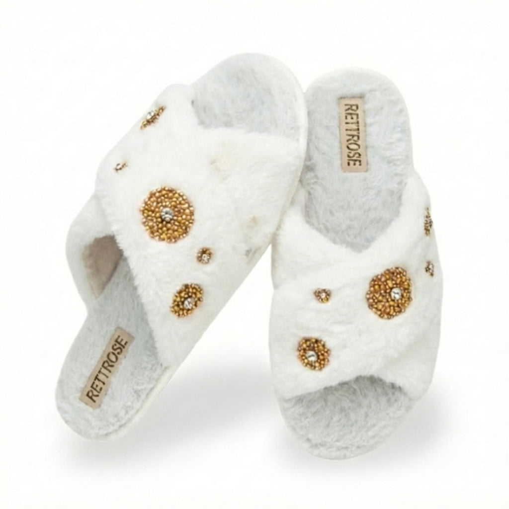 Juliette Women’s Luxury White Slippers – Handmade Faux Fur Plush Indoor Slippers with Diamanté Bow Embellishment | Elegant Lounge Footwear