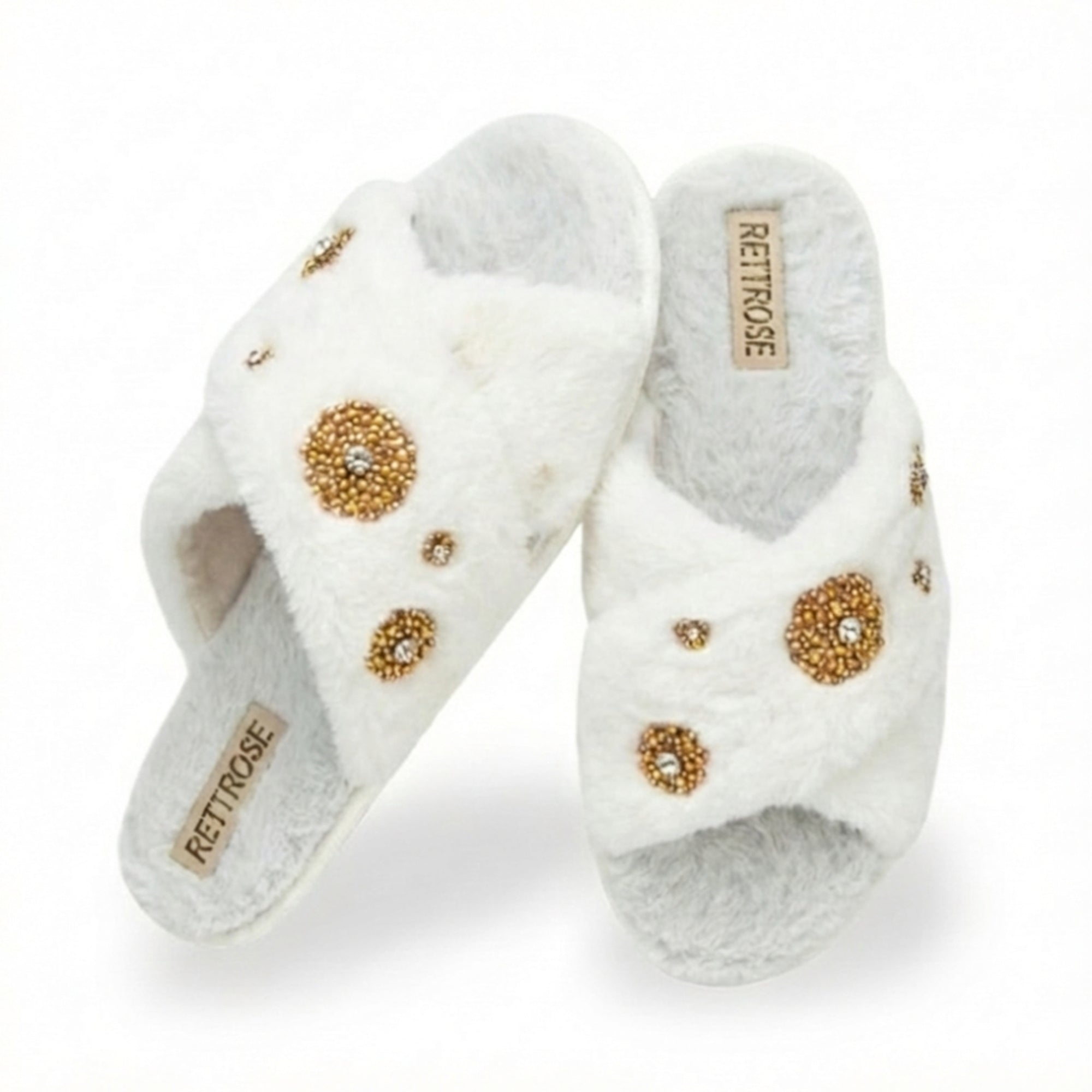Juliette Women’s Luxury White Slippers – Handmade Faux Fur Plush Indoor Slippers with Diamanté Bow Embellishment | Elegant Lounge Footwear