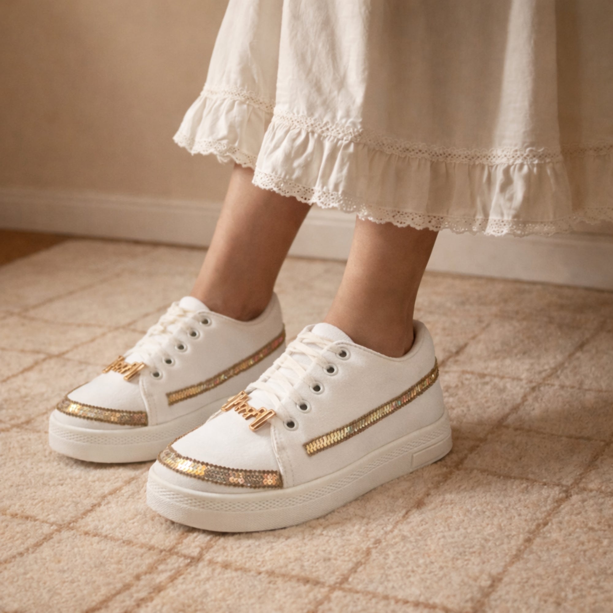 Ramona Luxury White Canvas Handmade Embellished Tennis Shoe