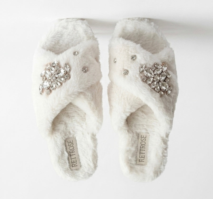 Audrey Cream Luxury Plush Diamanté Embellished Handmade Slipper