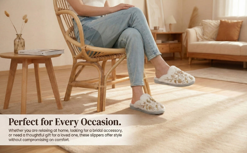 The Annie Cream Luxury Handmade Women’s Slippers – Faux Fur Front-Covered, Comfortable, White & Cream Diamanté Embellished