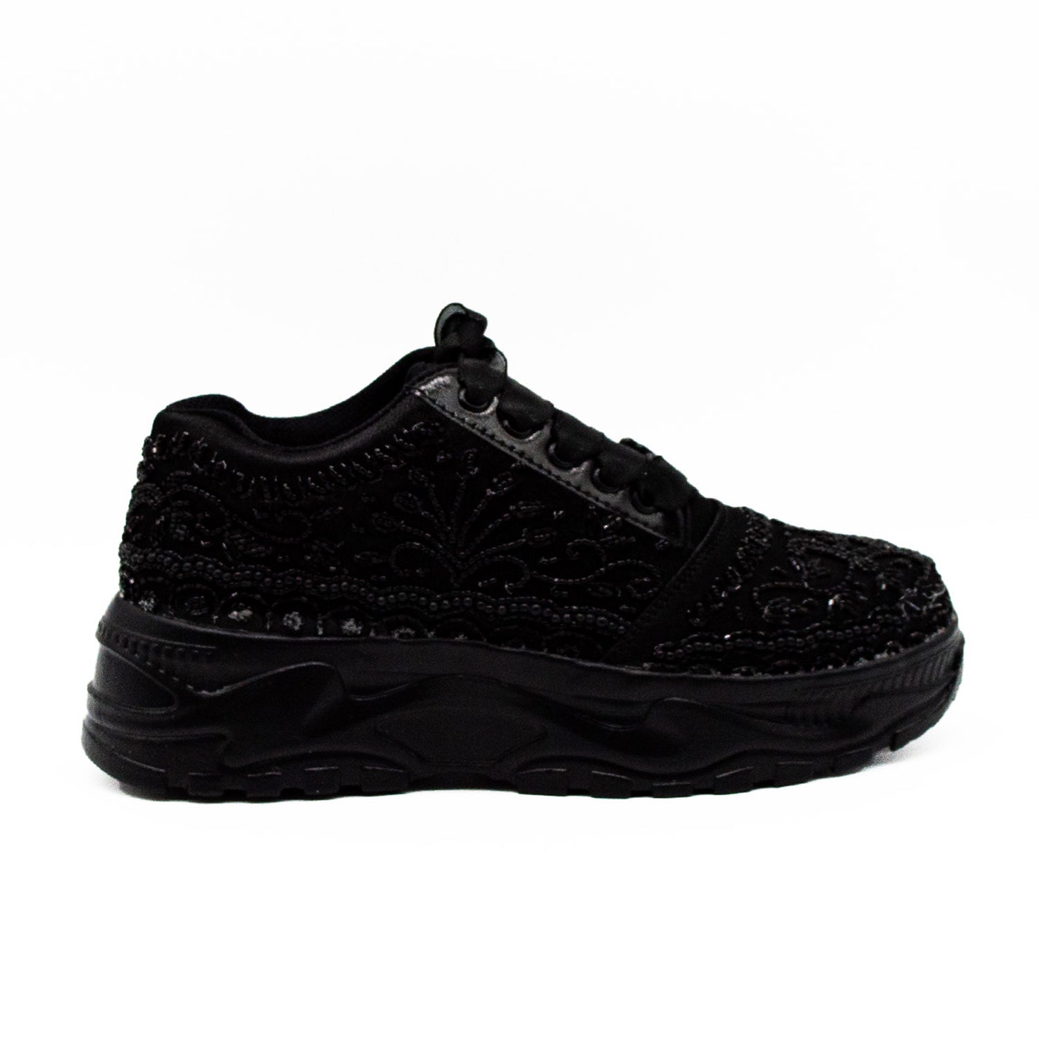 Iris Luxury Noir Satin Handmade Embellished Trainers