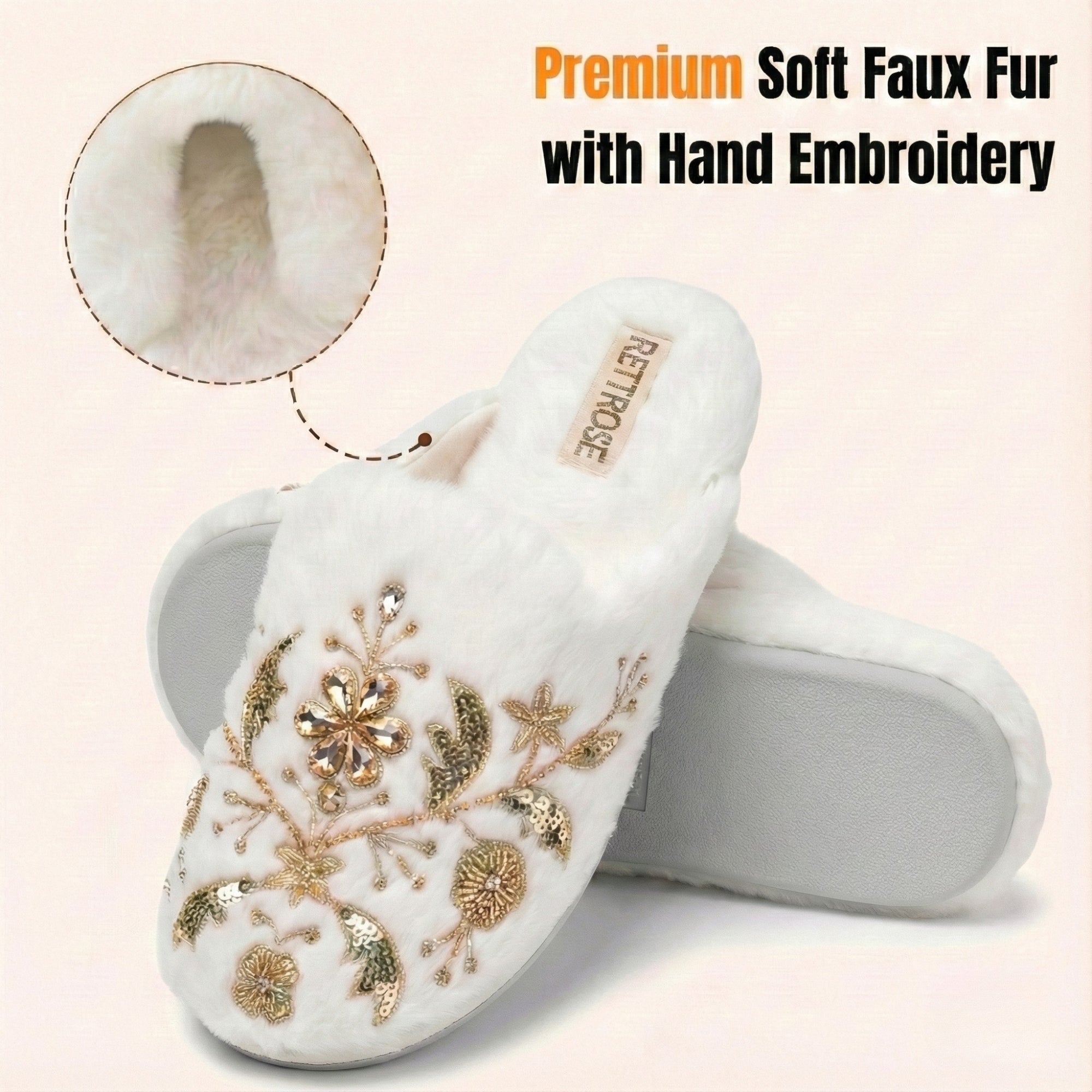 The Annie Cream Luxury Handmade Women’s Slippers – Faux Fur Front-Covered, Comfortable, White & Cream Diamanté Embellished