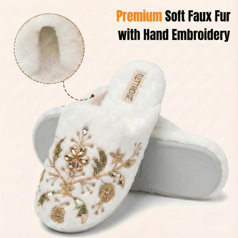 The Annie Cream Luxury Handmade Women’s Slippers – Faux Fur Front-Covered, Comfortable, White & Cream Diamanté Embellished