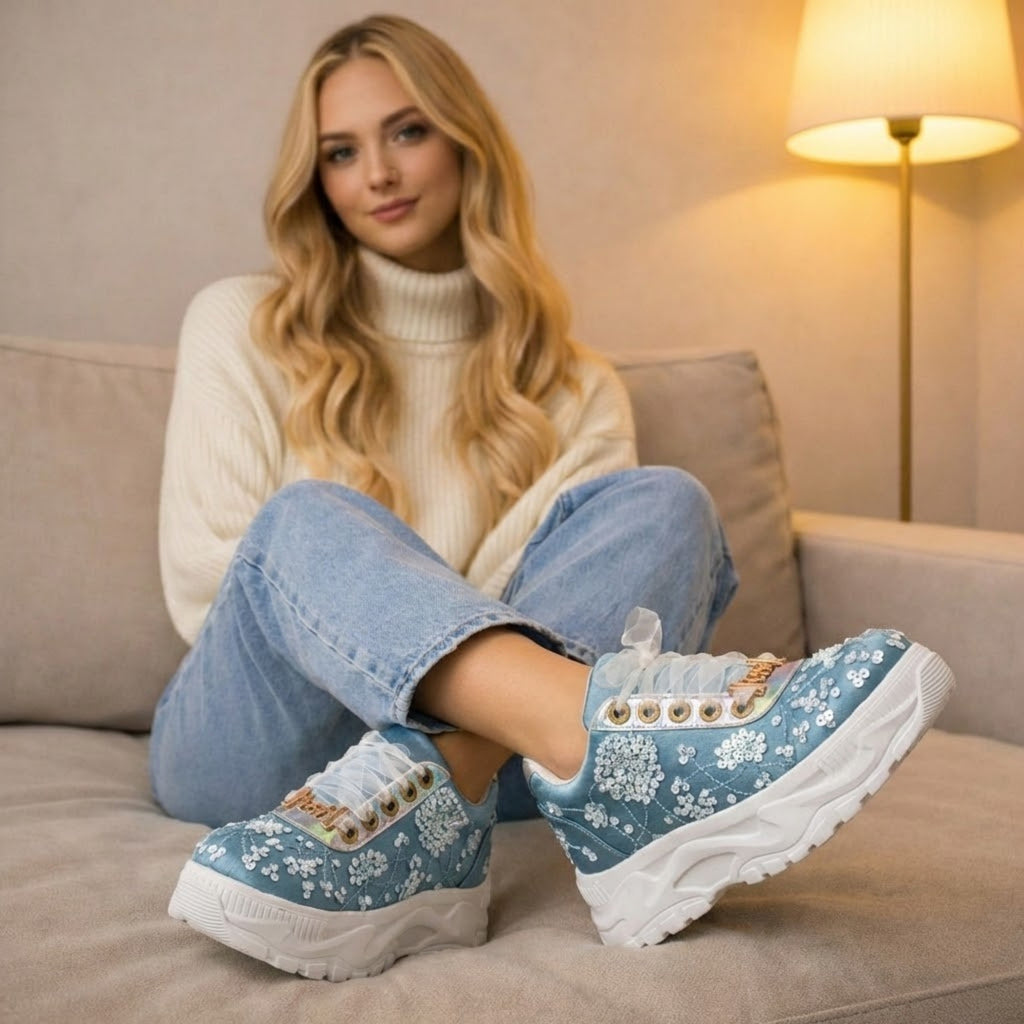 Maeve Luxury Dusky Blue Satin Handmade Embellished Trainers