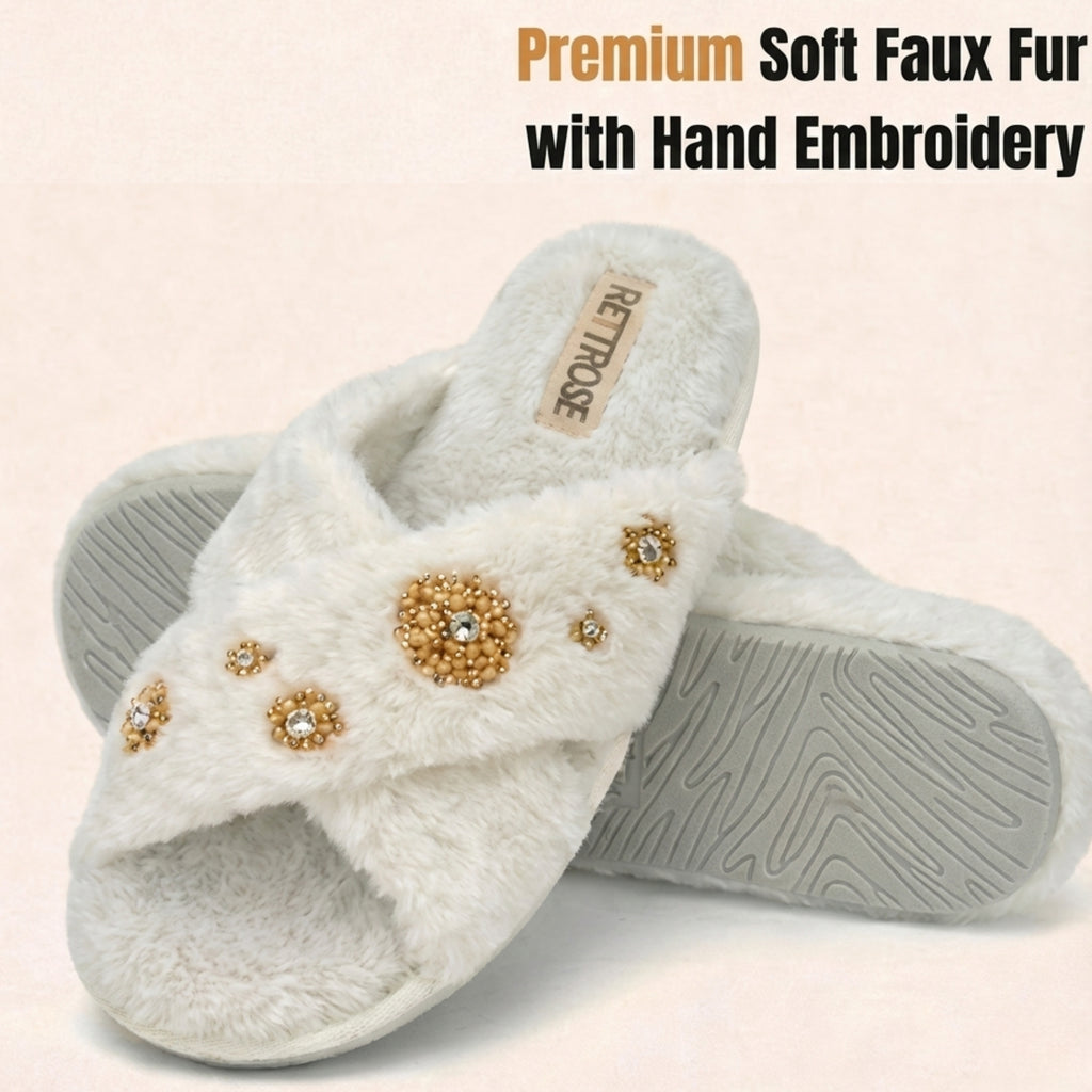 Juliette Women’s Luxury White Slippers – Handmade Faux Fur Plush Indoor Slippers with Diamanté Bow Embellishment | Elegant Lounge Footwear