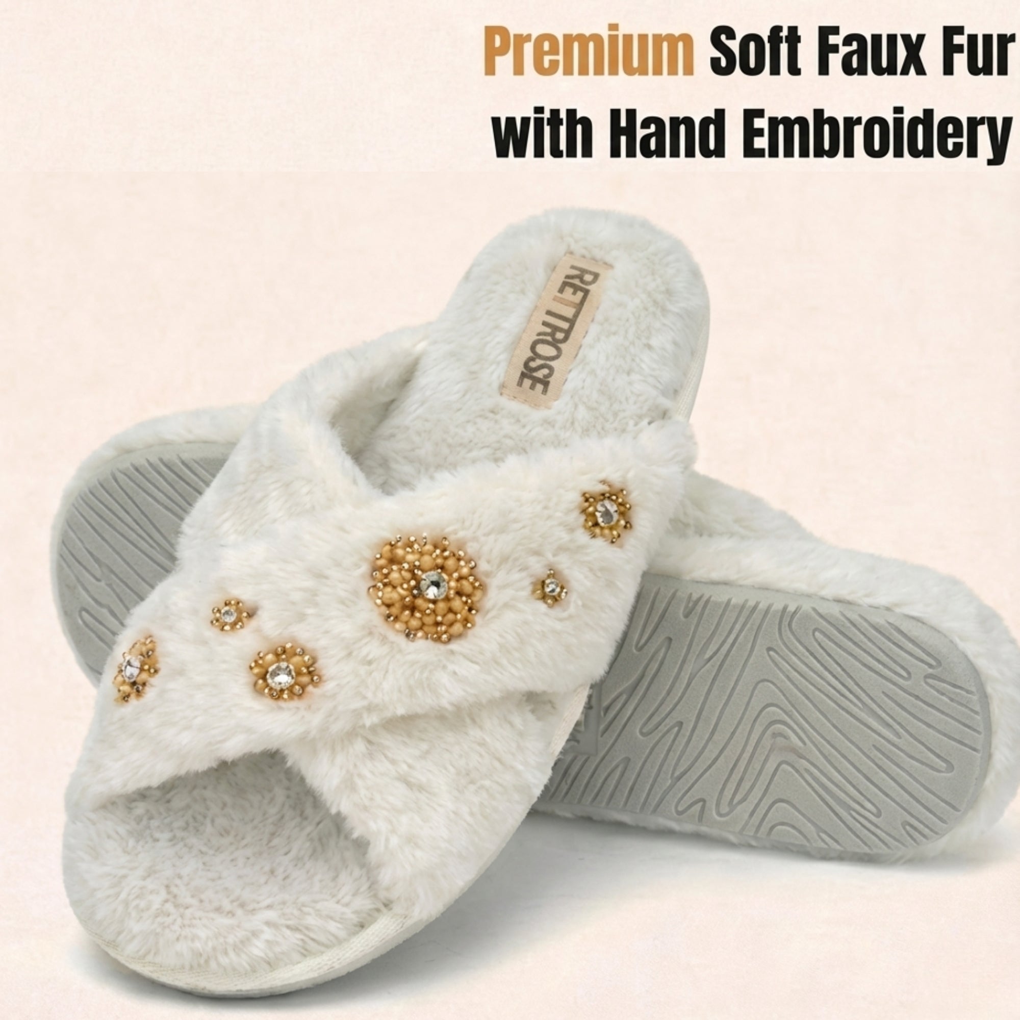 Juliette Women’s Luxury White Slippers – Handmade Faux Fur Plush Indoor Slippers with Diamanté Bow Embellishment | Elegant Lounge Footwear