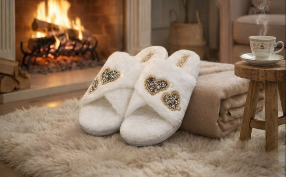 Katie Cream Luxury Plush Diamanté Heart Embellished Handmade Slipper