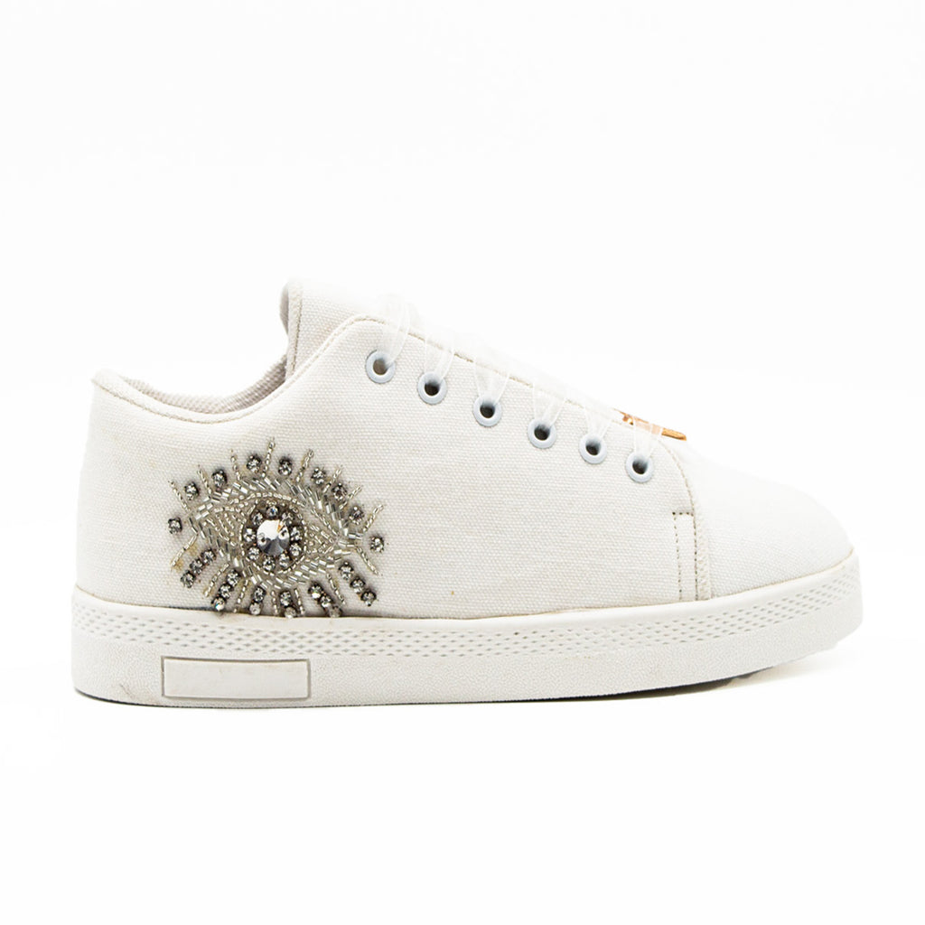 Gabriella Luxury White Canvas Handmade Embellished Tennis Shoe