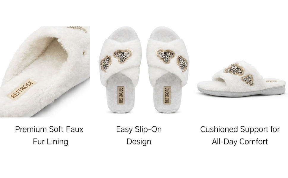 Katie Cream Luxury Plush Diamanté Heart Embellished Handmade Slipper
