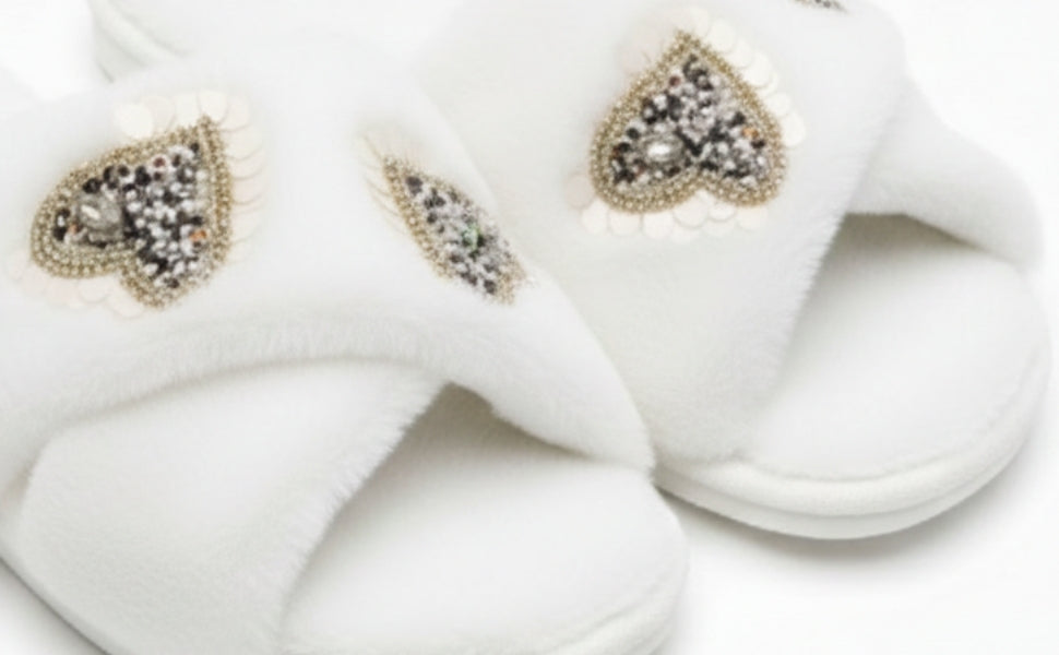 Katie Cream Luxury Plush Diamanté Heart Embellished Handmade Slipper